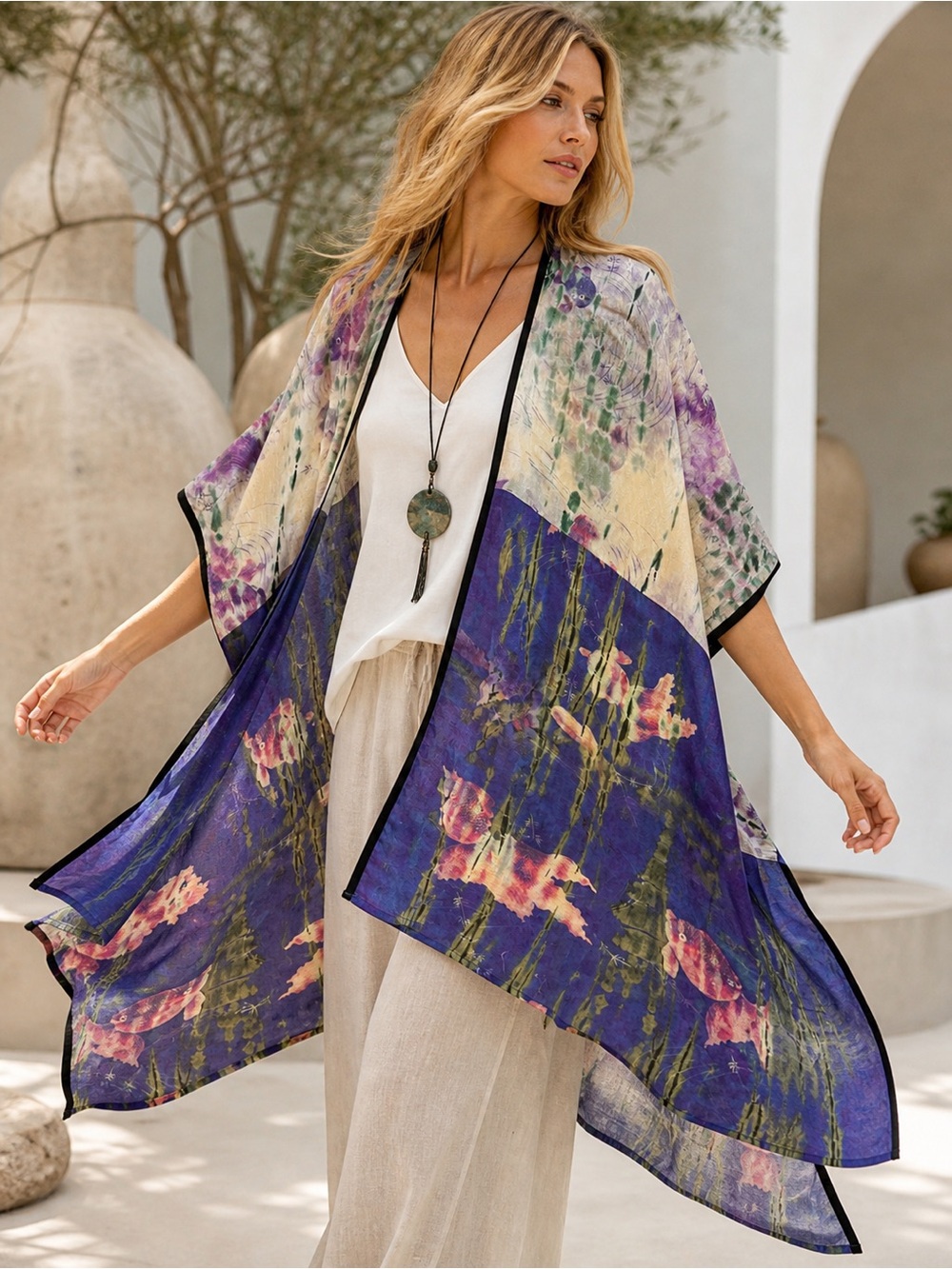 Citron Santa Monica Artwear Floral Kimono Duster Jacket S a Lagenlook Coastal